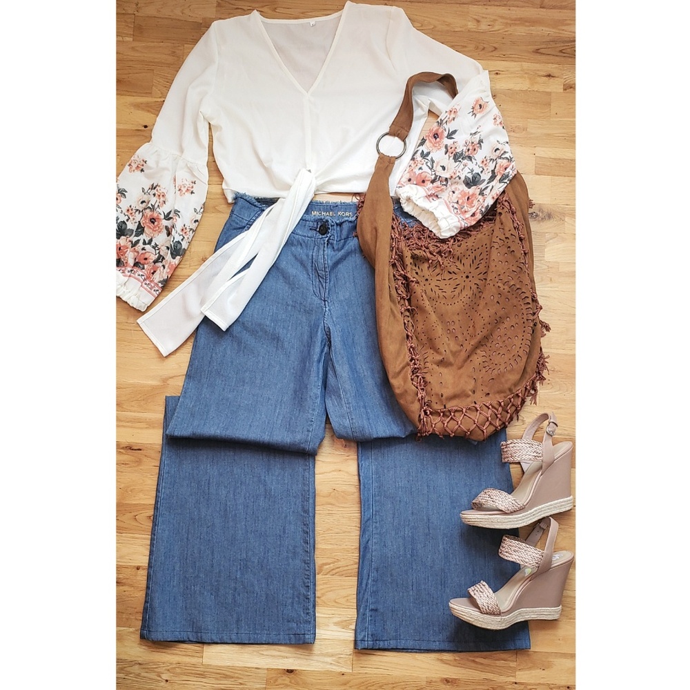 🆕️Boho Bubble Sleeve Tie Front Crop Top Sz L - Picture 6 of 6